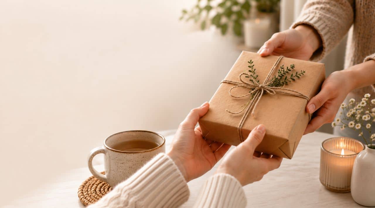 Person handing a simple wrapped gift to an acquaintance in a cozy home setting with tea and candlelight