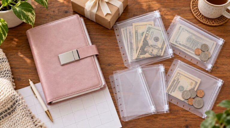 Pink budget planner and cash envelopes used to plan gifts on a tight budget throughout the year.