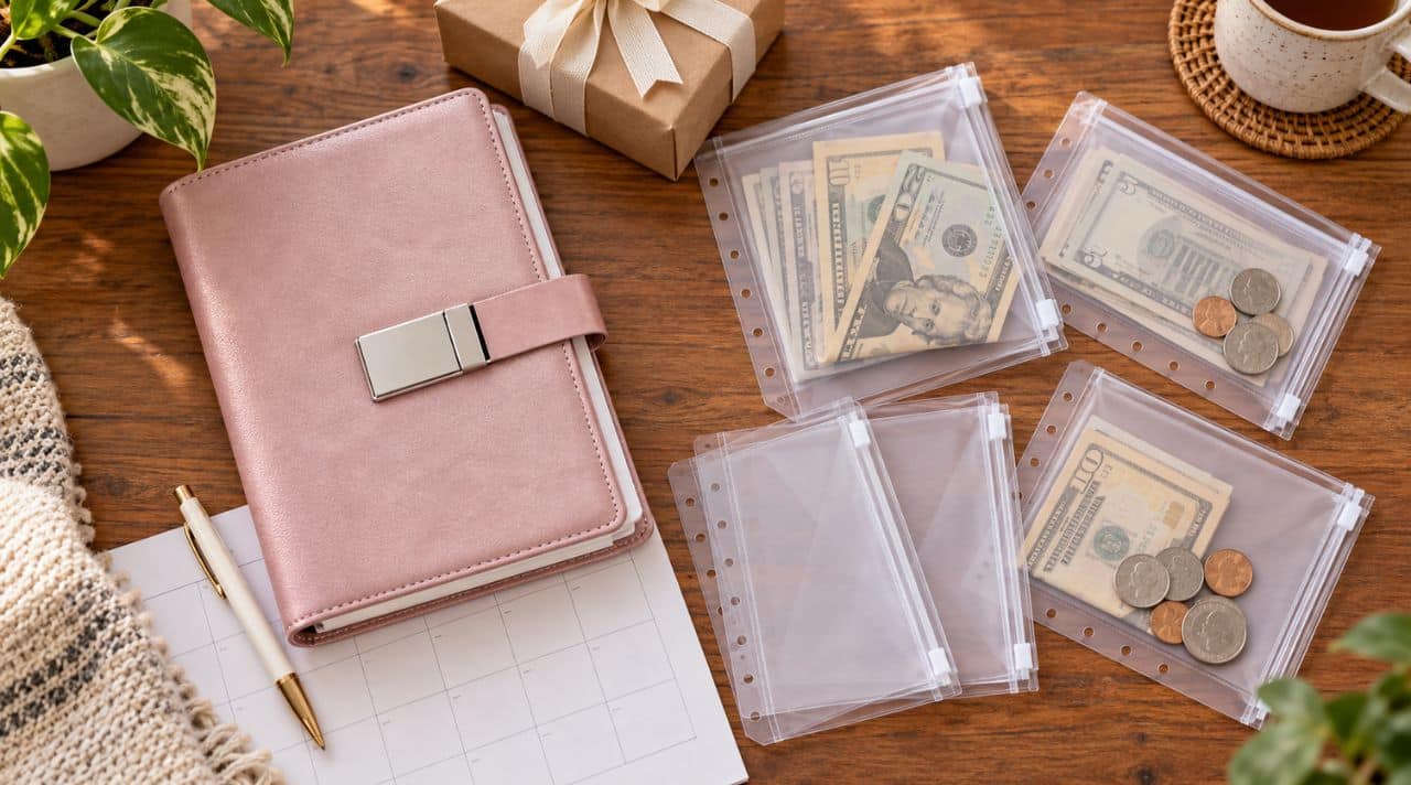 Pink budget planner and cash envelopes used to plan gifts on a tight budget throughout the year.