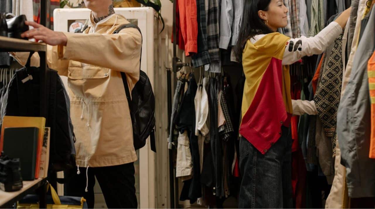 Shoppers learning how to thrift a gift while browsing secondhand clothing and household items in a thrift store