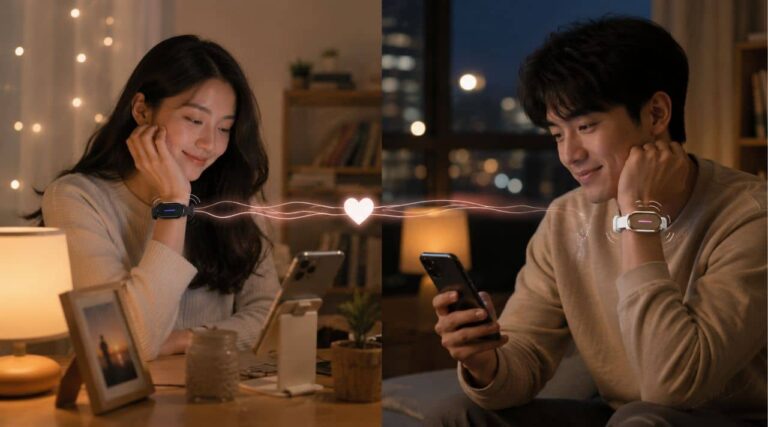 Long-Distance Relationship Gifts featuring a couple in separate homes connected through matching touch-sensing bracelets that light up to show a shared connection.