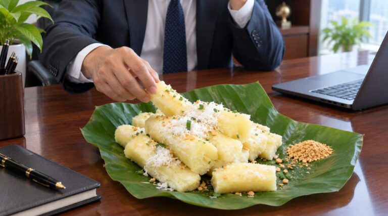 Should You Give Your Boss a Gift? Steamed coconut cassava served on a banana leaf on an executive office desk while a boss reaches for a piece