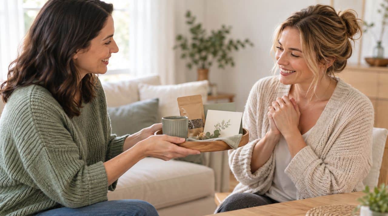 Two women exchanging cheap gifts for people who have everything without adding clutter.