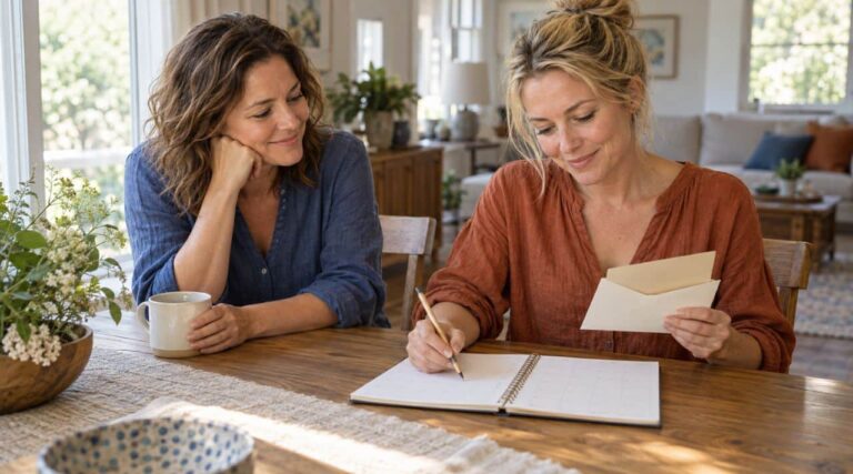 Woman holding a gift envelope and choosing a date in her planner, illustrating experience gifts with flexible dates.