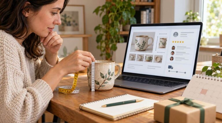 Woman comparing product details and measurements to find quality cheap gifts online before ordering.