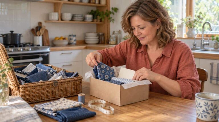Gift ideas using things you have: a woman packing fabric from her sewing basket as a thoughtful gift.