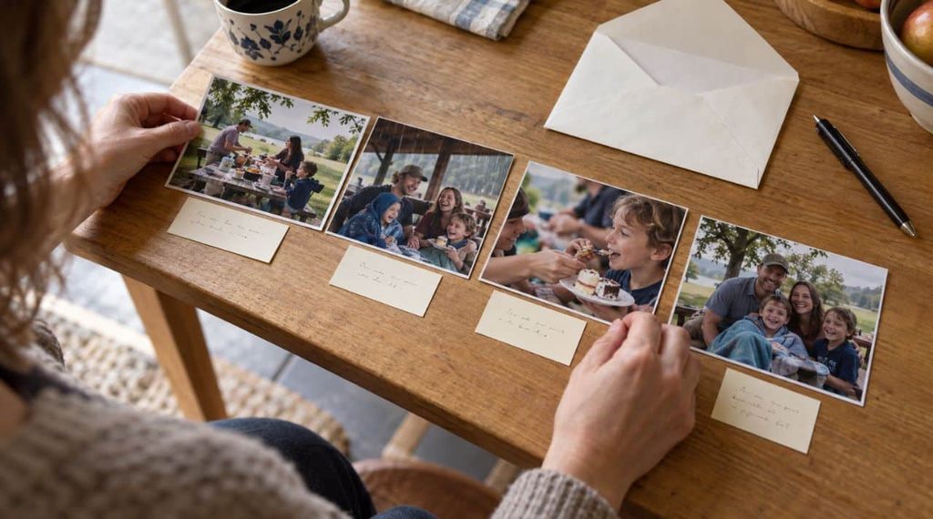 Arranging existing family photos with handwritten captions as a thoughtful gift.
