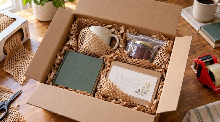 Care package packed with protective paper and shipping tape to prevent breaks, leaks, and crushed notes