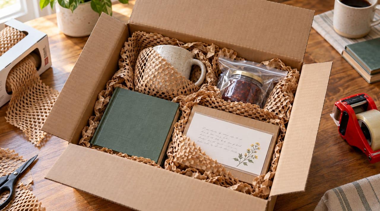 Care package packed with protective paper and shipping tape to prevent breaks, leaks, and crushed notes