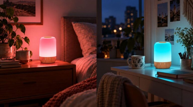 Long-distance touch lamps glowing pink and blue in two separate rooms to help close friends feel connected.
