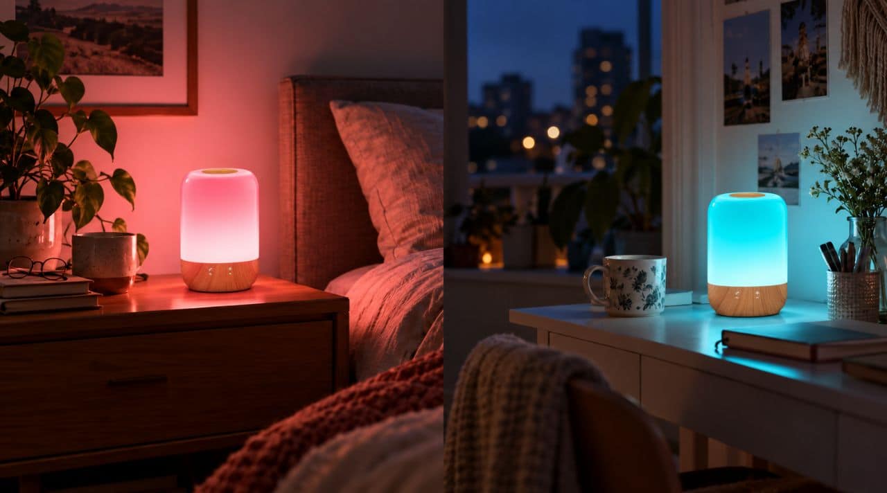 Long-distance touch lamps glowing pink and blue in two separate rooms to help close friends feel connected.