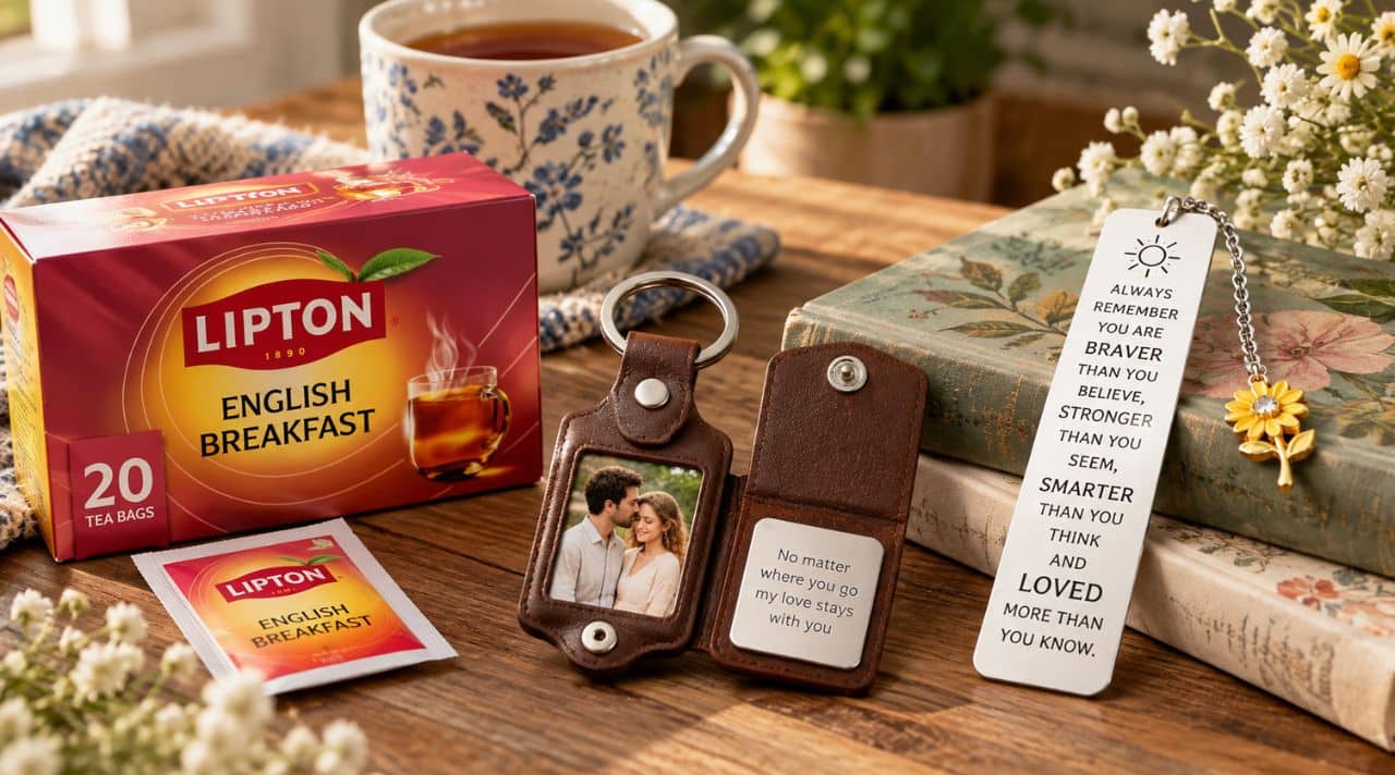 Meaningful gifts under $10 with tea, a personalized photo keychain, and an inspirational bookmark