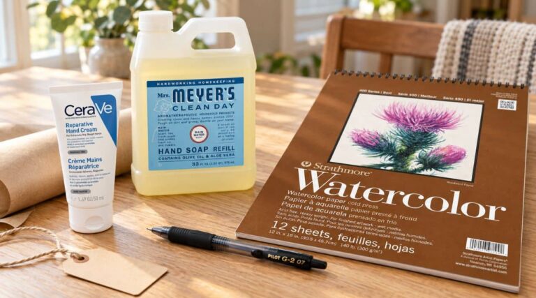 Non-food consumable gifts arranged on a sunlit table: CeraVe hand cream, Mrs. Meyer’s hand soap refill, a PILOT G2 pen, and Strathmore watercolor paper.