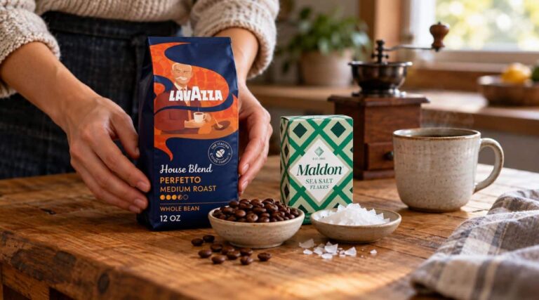 Woman arranging a consumable gift of Lavazza whole bean coffee and Maldon sea salt flakes on a wooden kitchen table.