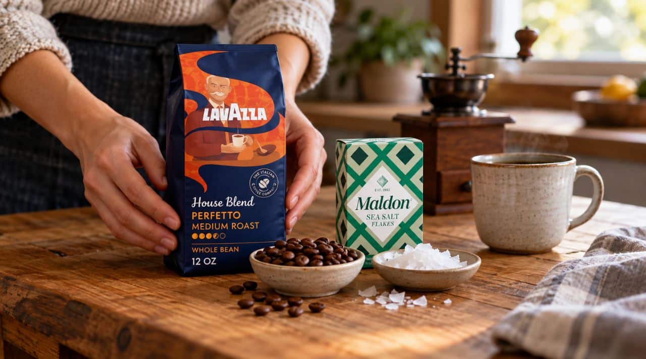 Woman arranging a consumable gift of Lavazza whole bean coffee and Maldon sea salt flakes on a wooden kitchen table.